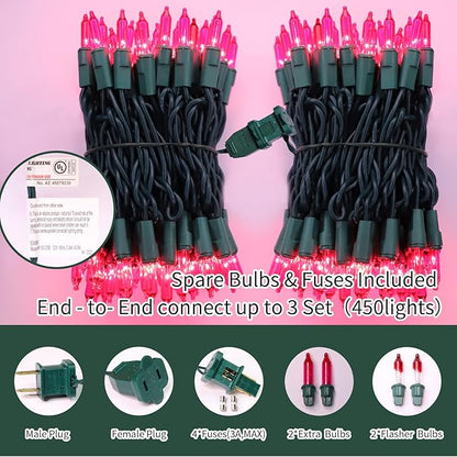LAMPHOME Pink Valentine's Lights，Valentine's Day Decoration 150 Count 31.9ft UL Certified Mini Bulb String Light for Outdoor Christmas Garland Tree Garden Party Patio Wedding