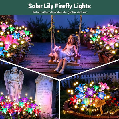 WdtPro Upgraded Solar Garden Lights Outdoor: 4 Pack Solar Firefly Swaying Light with Colorful LED Lily Flower, Waterproof Garden Decor for Yard Patio Pathway Lawn, Gifts for Women (2 Rosy+2 Purple)