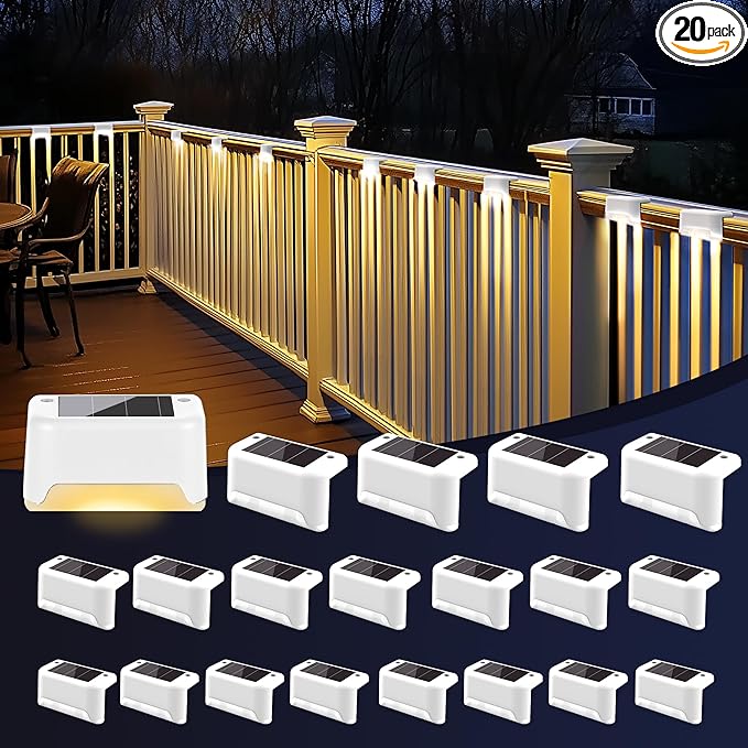 Solar Fence Lights Outdoor - Waterproof LED Lights for Deck, Stairs, Fence, Patio, Yard, Porch and Balcony (20 Pack, Warm White)