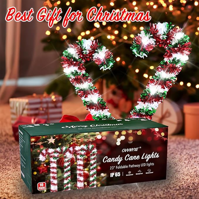 10 Pack Christmas Candy Cane Lights, Tinsel Candy Cane Christmas Decorations Pathway Lights with 8 Modes & Timer | Lumora