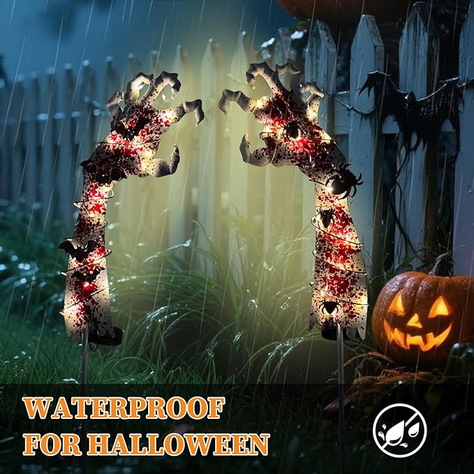 2PCS Solar Halloween Garden Stake Lights Zombie Hand Halloween Pathway Lights with Bats Spiders, Metal Landscape Path Scary Decorative for Pathway Patio Lawn Yard, Red