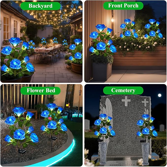 DWH 1 Pack Solar Garden Lights Outdoor, 7-Flower Rose Solar Lights for Yard, LED Solar Powered Stake Lights for Patio Pathway Lawn Fence Cemetery, Blue