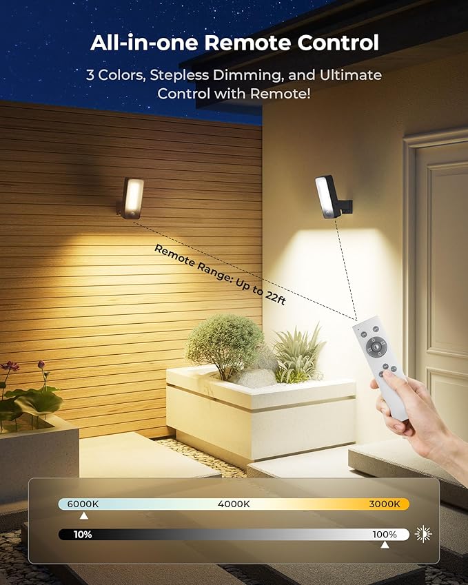 2 Pack Motion Sensor Outdoor Lights, 10000mAh Rechargeable 600 Lumen Battery Operated Outdoor Wall Lights with 3 | Lumora