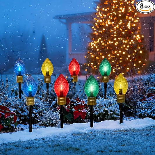2 Pack Jumbo C9 Christmas Pathway Lights Outdoor, 7FT LED With Marker Stakes, Diamond Pattern Multicolor Light Bulb for Lawn Yard Garden Christmas Decor