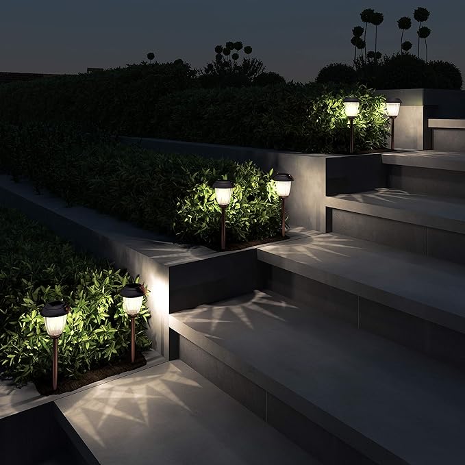 Solar-Powered Outdoor Lights - Set of 8 Stainless-Steel Stake Lights for Gardens, Walkways, Driveways, Landscapes, and Patios by Pure Garden (Copper)