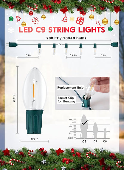 Brightown C9 Christmas Lights Outdoor, 200Ft 200 LED Vintage C9 Christmas Decorations, Connectable Waterproof String Lights for Outside Holiday Party Roofline Backyard Garden Patio Decor, Warm White