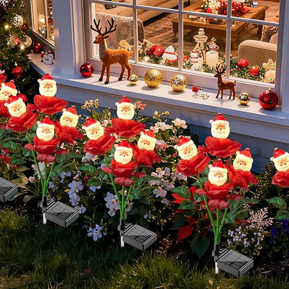 2 Packs Christmas Rose Solar Garden Light with Santa Claus, 27.4 Inches Garden Solar Light Outdoor for Christmas Decoration, Auto ON/Off, IP65 Waterproof, Suitable for Courtyard, Pond, Walkway