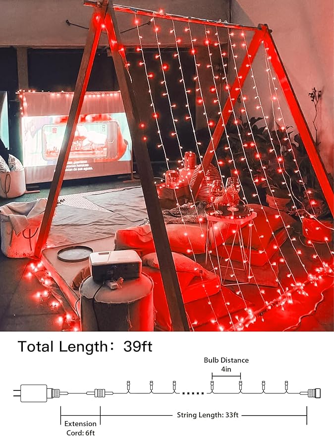 33FT 100 LED Red Valentine Lights, Connectable Red Christmas String Light Waterproof,8 Modes Clear Wire Twinkle Lights Outdoor Plug in for Valentine's Day, Wedding, Party, Christmas Decoration