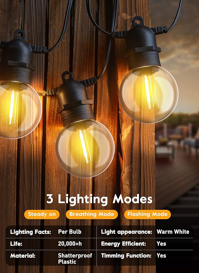 Brightown Outdoor Solar String Lights 34FT - LED G40 Pro Globe Patio Energy Saving with 11 Shatterproof Bulbs, 3 | Lumora