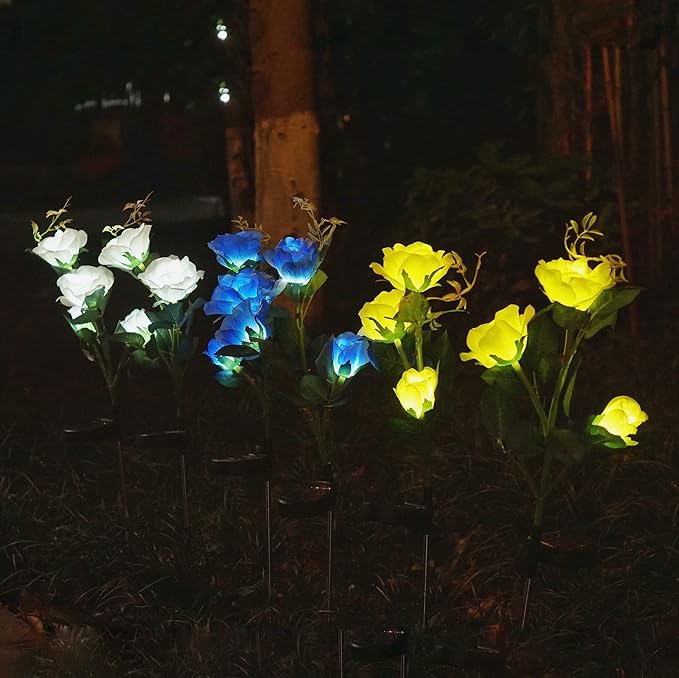 Solar Rose Garden Lights, 2 Pack Realistic Solar Flower Lights, Waterproof LED Decorative Stake Landscape Lights for Patio Pathway Grave Cemetery Outdoor Decor (White)