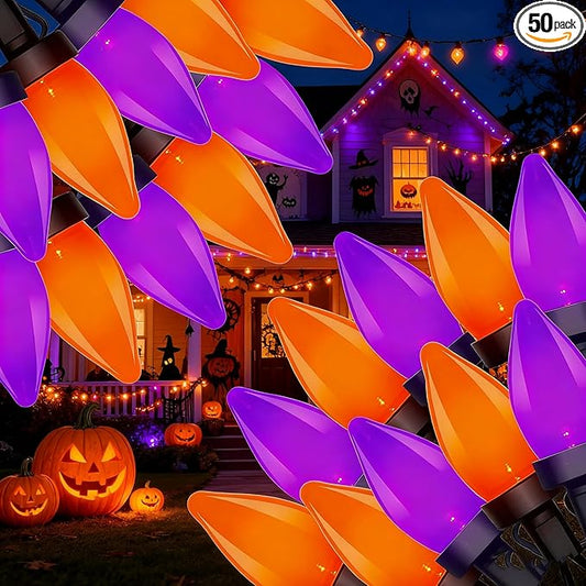 Abeja Halloween String Lights Outdoor, 26Ft C7 Purple and Orange String Lights with 50 LED Purple/Orange Ligths for Indoor/Outdoor Use, Halloween Decorations for Patio Home Party Garden Yard