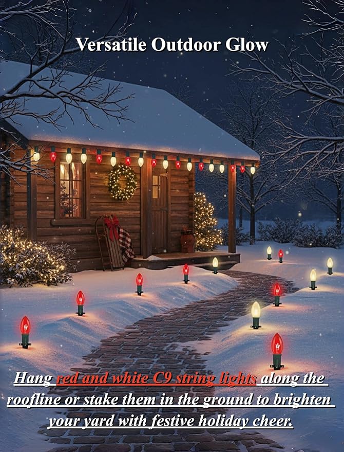 25ft C9 Red and White Christmas Lights,Waterproof C9 Christmas String Lights with 26 Red White Bulbs,Commercial Xmas Lights Outdoor for Garden House Xmas Garland Tree Decorations