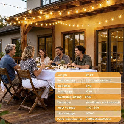 25 FT Outdoor String Lights G40 Globe Shatterproof Patio Lights,13 Plastic Edison Bulbs(1 Spare) IP65 Waterproof Dimmable LED Bulbs for Backyard Porch Balcony Party Decor, E12 Base, 2700K