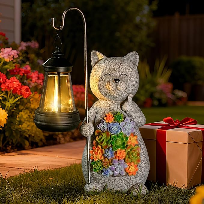 Solar Cat Garden Statue with Succulent Decor Hanging Lantern – Waterproof Resin Outdoor Figurine for Yard, Patio | Lumora