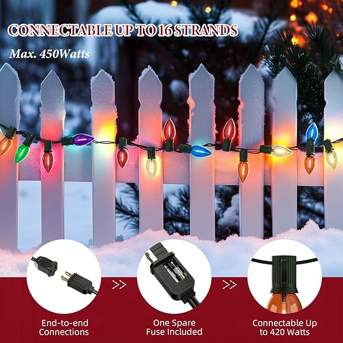 Kawaya Outdoor Christmas C9 LED Clear Tree Lights, 25ft 25 Bulbs Multi Colored Decoration, IP65 Commercial Waterproof Xmas String for Outside Roof House Walkway