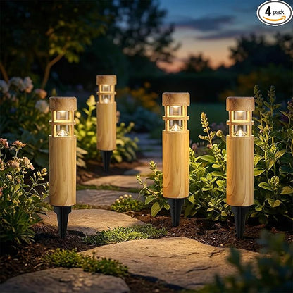 Solar Lights Outdoor 4 Pack, Wood-Grain Color Style, Warm Yellow Light, Waterproof Auto On/Off, Solar Pathway Lights for Your Garden, Landscape, Path, Yard, Patio, Driveway,Walkway Decor