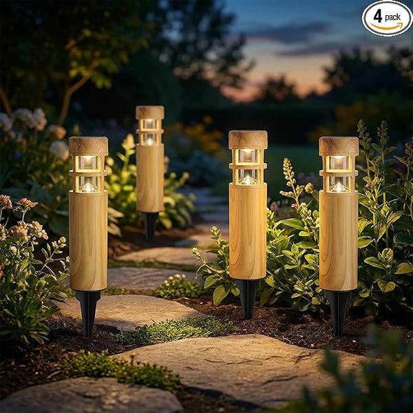 Solar Lights Outdoor 4 Pack, Wood-Grain Color Style, Warm Yellow Light, Waterproof Auto On/Off, Solar Pathway | Lumora