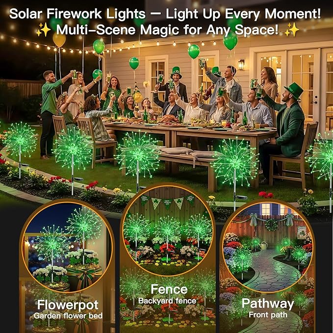 suddus St. Patrick's Day Decorations Solar Firework Lights - 150 LED Green Outdoor Garden Lights, 8 Modes DIY | Lumora