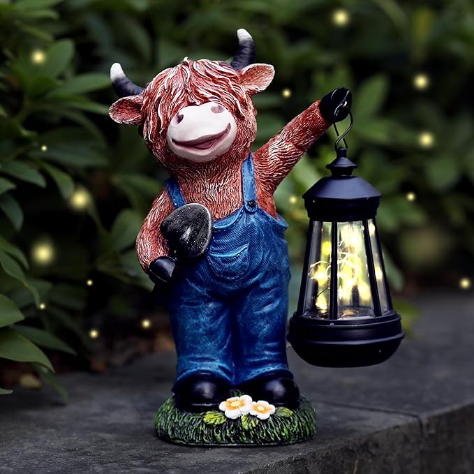 Highland Cow Garden Statue 10.4" with Solar Lantern， Decorative Farm Animal Figurine for Indoor Outdoor Home Patio Yard Lawn Ornament and Gift for Mom