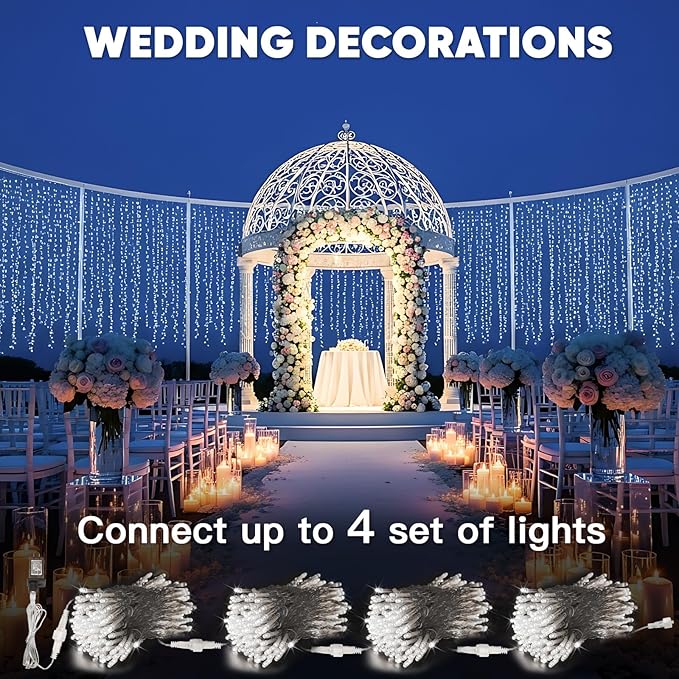 suddus Curtain Lights Outdoor, String Lights for Bedroom, Window, Wall, Wedding, Party White 300 LED