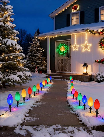C9 LED Pathway Lights 7Ft Christmas Pathway Lights, Multicolor Walkway Light Outdoor with 4 Marker Stakes Connectable Holiday Commercial Christmas Decoration UL Listed - Green Wire