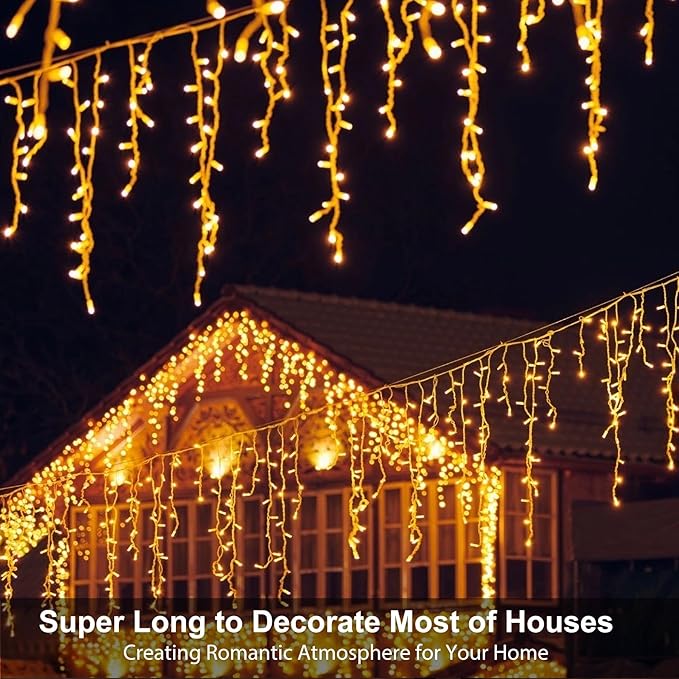 LED Icicle Lights for Outdoor Christmas Decorations,98.4Ft 1000 LEDs Christmas Fairy Light with Timer&Memory Function,8 Lighting Modes,Plug in hanging Curtain Lights for Xmas Party Wedding(Warm White)