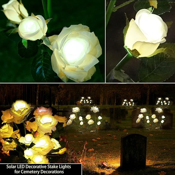 Solar Flowers Lights Outdoor Garden Waterproof [Updated] 2 Pack 10 White Roses Decortive Lights for Garden Patio Yard Grave Decorations for Cemetery