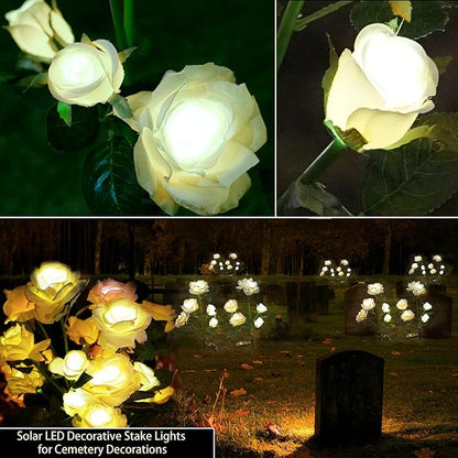 Solar Flowers Lights Outdoor Garden Waterproof [Updated] 2 Pack 10 White Roses Decortive Lights for Garden Patio Yard Grave Decorations for Cemetery