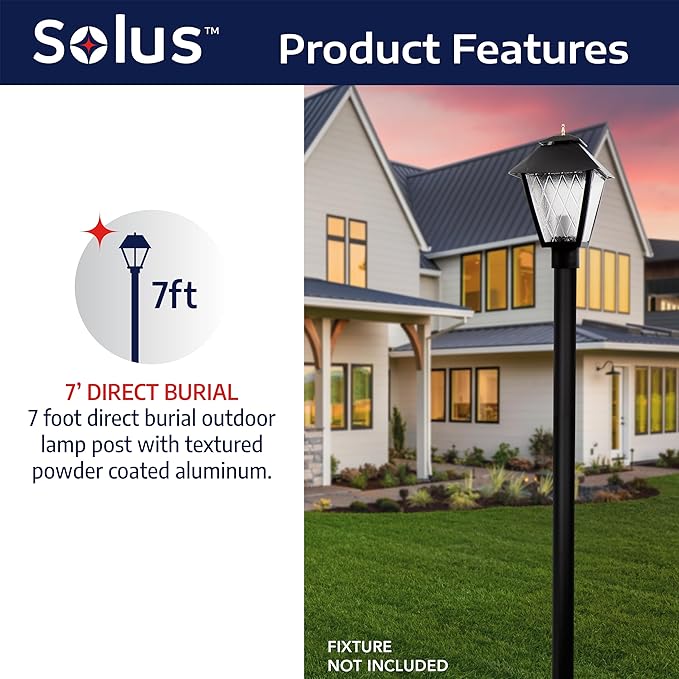 Solus 7-Foot Direct Burial Lamp Post – Outdoor Aluminum Light Pole – Fits Standard 3" Post Top Fixtures – Black | Lumora