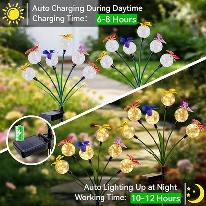 2 Pack Solar Outdoor Decorative Lights, Garden Lights Solar Powered with 12 Led Globe Lights and Butterflies, Gifts for Women Grandma, Solar Decorations for Garden Yard Lawn Ornaments (Butter Warm)
