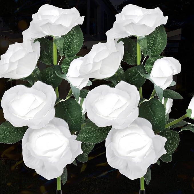 Solar Rose Lights Outdoor, 2 Pack with 14 Rose Flowers Waterproof Color Changing LED Flower Lights, Solar Powered Garden Stakes for Yard, Patio, Pathway Decor - Artificial Floral Decorative Lighting