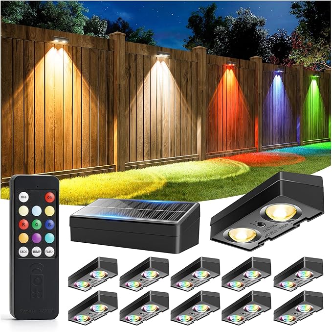 Fence Lights Solar Powered with Remote 12 Pack, Warm White, Cool White and RGB Color Glow LED Solar Lights Outdoor, Dusk to Dawn Solar Fence Lights for Patio, Backyard, Railing, Deck, and Wall