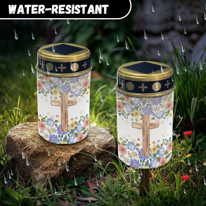 Cross Floral Cemetery Lights for Grave,Solar Garden Lights Cute Solar Pathway Light Lantern Solar Fairy Lights for Outside Waterproof Solar Stake Lights Landscape Lighting