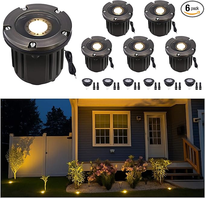 Gardenreet Landscape Well Lights Outdoor - Brass Weatherproof LED In Ground Lighting, 12V Low Voltage Directional Flush Fixture, Antique Bronze for Wall Floor Pathway with 2700K Warm White MR16 Bulb
