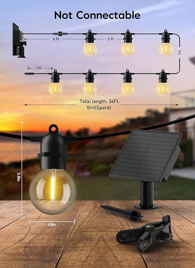 Brightown Outdoor Solar String Lights 34FT - LED G40 Pro Globe Patio Energy Saving with 11 Shatterproof Bulbs, 3 | Lumora