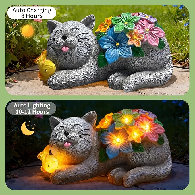 Solar Garden Outdoor Statues Cat Figurine Lights - Yard Decorations for Patio,Balcony,Lawn Ornaments - Unique | Lumora