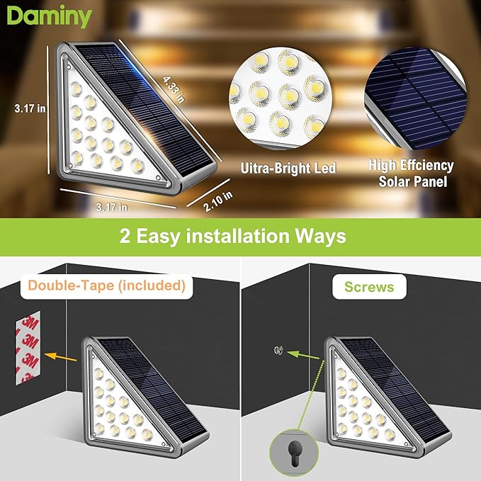DAMINY Solar Step Light for Outside,2CCT(Warm & Cool),2 Lighting Modes, Stair Light Outdoor Waterproof IP65,Solar | Lumora