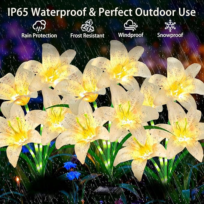 Solar Garden Lights 4 Pack 16 White Lily Flowers, Gifts for Mom Woman Birthday Outdoor Solar Flower Lights,Cemetery Flowers for Grave - Decorative Lilies for Yard, Patio, Pathway Decorations