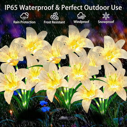Solar Garden Lights 4 Pack 16 White Lily Flowers, Gifts for Mom Woman Birthday Outdoor Solar Flower Lights,Cemetery Flowers for Grave - Decorative Lilies for Yard, Patio, Pathway Decorations