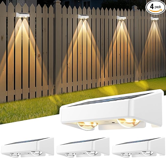 Solar Fence Lights, 7 RGB Colors, Warm White, Cool White Bright Lens LED, Dusk to Dawn Deck Light, Fence Solar Lights Outdoor Waterproof for Backyard/Railing/Wall/Step/Patio/Pool (4 Pack White Shell)
