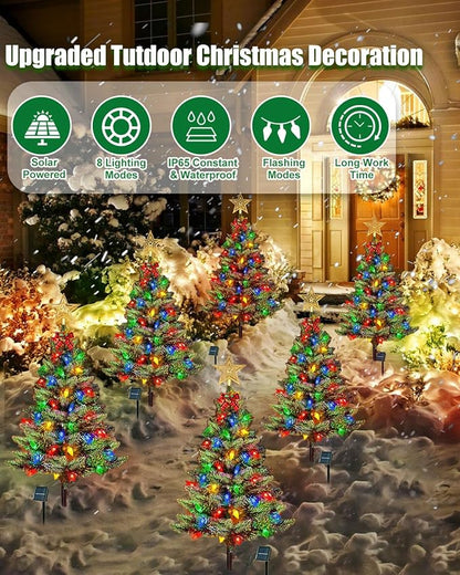 Upgraded 2-Pack 3.6 FT Solar Christmas Tree, Outdoor Christmas Decorations, Xmas Tree Solar Powered with 100 LED Multi-Color C6 String Lights, Suitable for Outside Garden Patio Yard Pathway