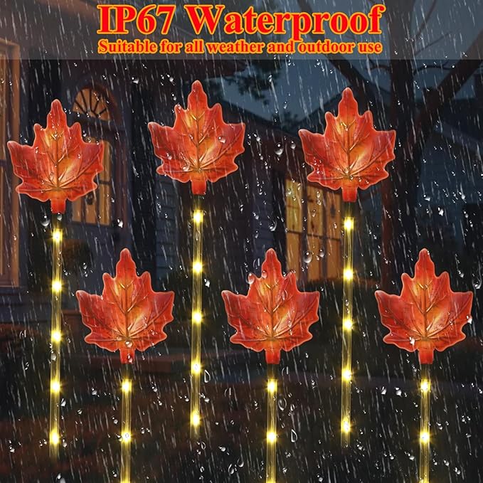 Fall Decor Solar Pathway Lights Outdoor Thanksgiving Decorations, 6 Pack Fall Leaves Solar Thanksgiving Maple Leaf Garden Stake Lights for Outside Patio Yard Wedding Party Autumn Decor