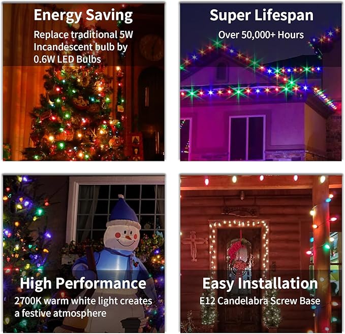 25FT C7 Multicolor Christmas Lights Outdoor, Waterproof LED String Lights with 25 Bulbs for Roof, Fence Patio Xmas | Lumora