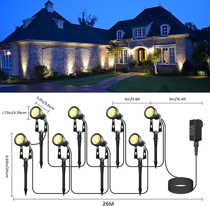 Outdoor Landscape Lighting, 8-Pack Low Voltage LED Spot Lights with Transformer, Waterproof IP65 Outdoor Landscape Lights for Garden, Yard, Backyard, Lawn, Trees, House, Flags – Warm White