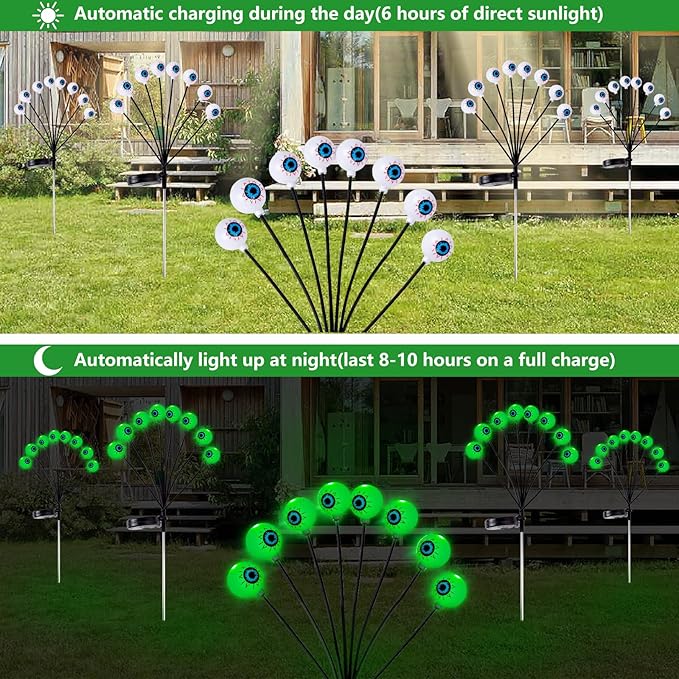 4 Pack Halloween Decorations Outdoor Lights - 32LED Solar Scary Eyeball Pathway Light Swaying by Wind, Waterproof Solar Halloween Stake Lights for Garden Porch Lawn Pathway (Green)