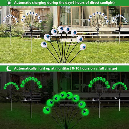 4 Pack Halloween Decorations Outdoor Lights - 32LED Solar Scary Eyeball Pathway Light Swaying by Wind, Waterproof Solar Halloween Stake Lights for Garden Porch Lawn Pathway (Green)