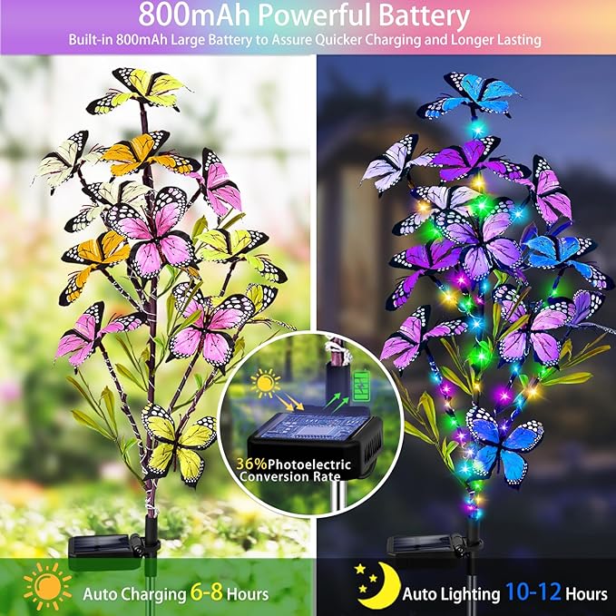 Solar Garden Lights Outdoor, Waterproof 2 Pack Solar Butterfly Lights with 60 LED 12 Butterfly Colorful Lighting for Garden Yard Lawn Outdoor Decor, Gift for Mom Women Mother's Day