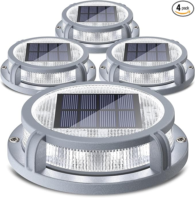 SIEDiNLAR Solar Deck Lights Outdoor 2 Modes 16 LEDs Driveway Markers Dock Light Solar Powered Waterproof for Ground Step Pathway Walkway Stair Garden Road Yard 4 Pack (Cool White/Warm White)