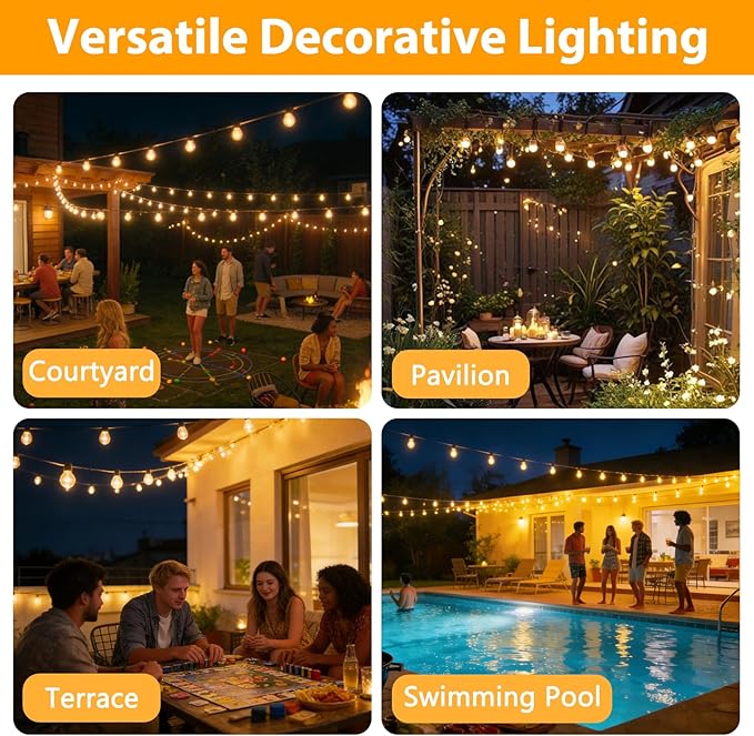 Smart Outdoor String Lights, 200FT ST38 LED Patio Lights with Timer Remote APP Control, 84 Shatterproof LED Bulbs (4 Spare), Dimmable Waterproof Hanging Light for Backyard Porch Party Decor