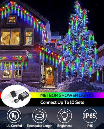 Meteor Shower Rain Lights 12 in 10 Tubes Drop Icicle Snow Falling Raindrop Cascading Light for Wedding Party Christmas Light Outdoor, Shine Colorful